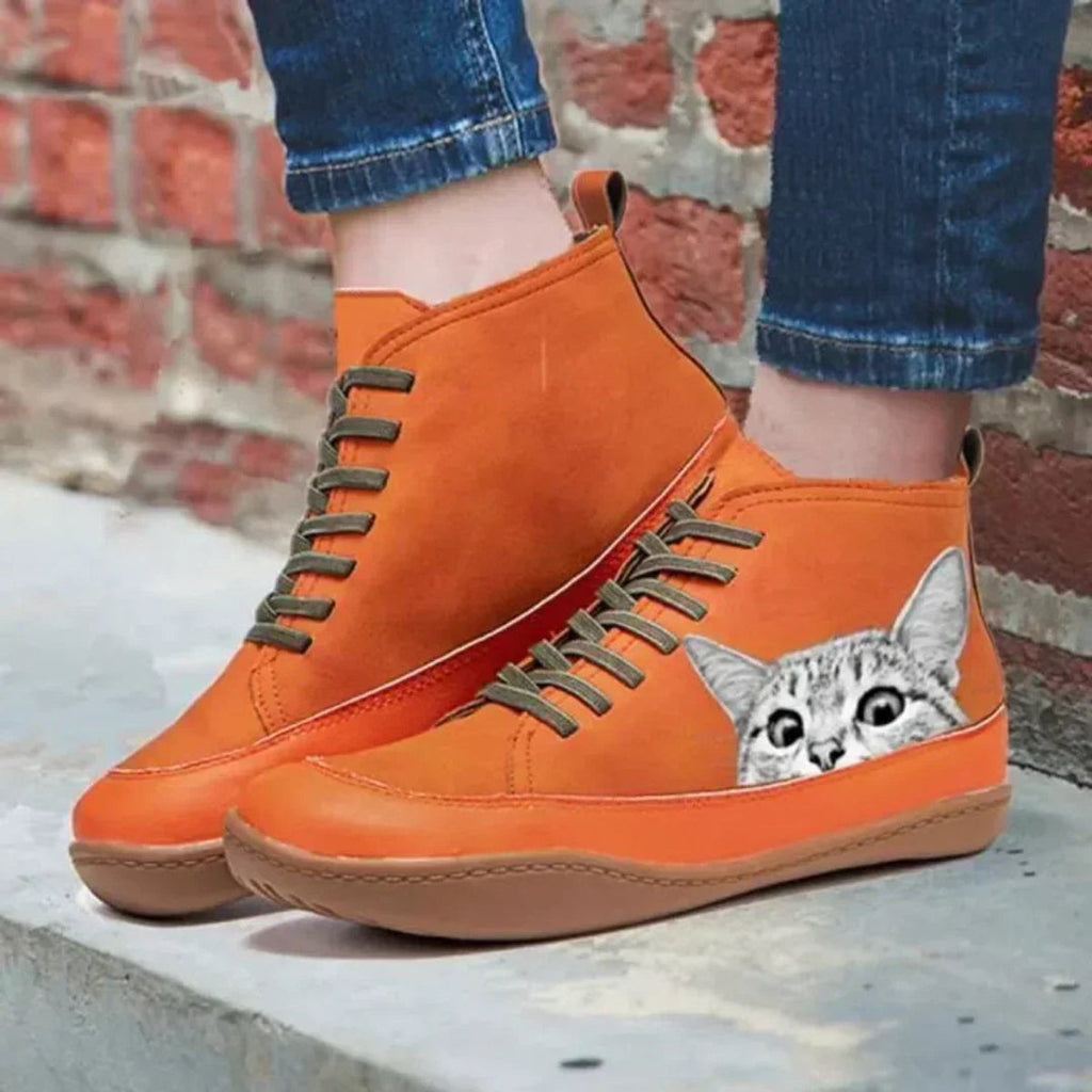 Sophia | Women's Cat Print Lace-Up High-Top Leather Ankle Boots