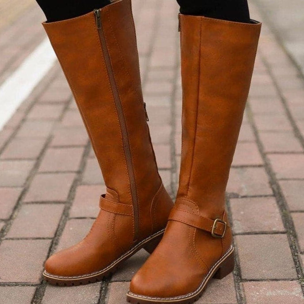 Aria | Women's Classic Buckle Side-Zip Knee-High Boots