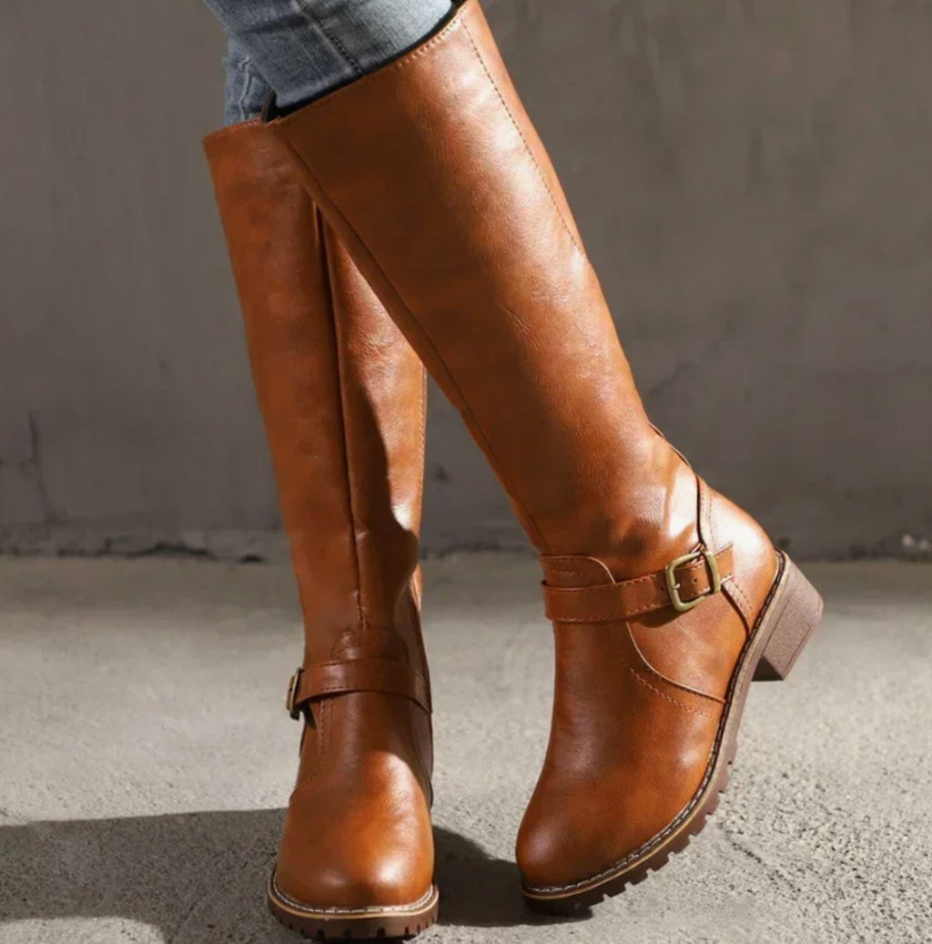 Layla | Women's Knee-High Buckle-Strap Block-Heel Leather Boots