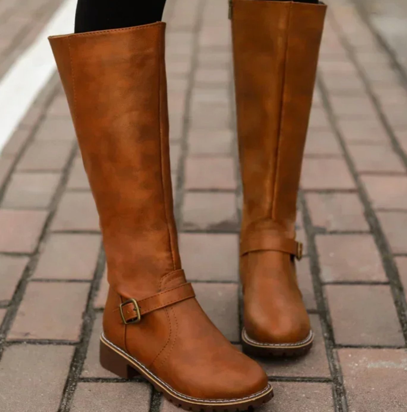 Layla | Women's Knee-High Buckle-Strap Block-Heel Leather Boots