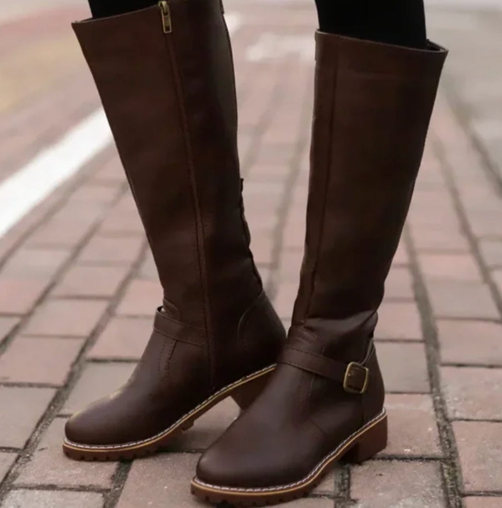 Layla | Women's Knee-High Buckle-Strap Block-Heel Leather Boots