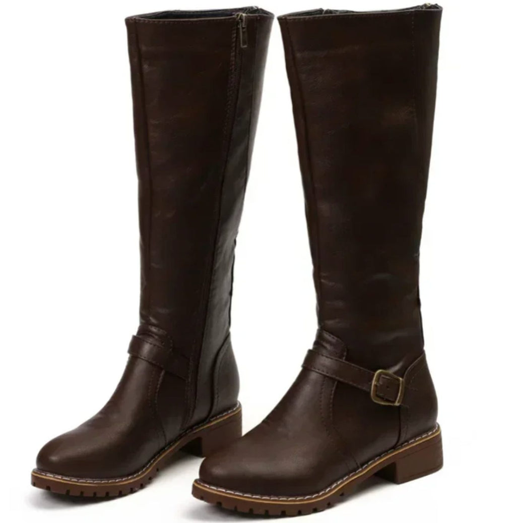 Layla | Women's Knee-High Buckle-Strap Block-Heel Leather Boots