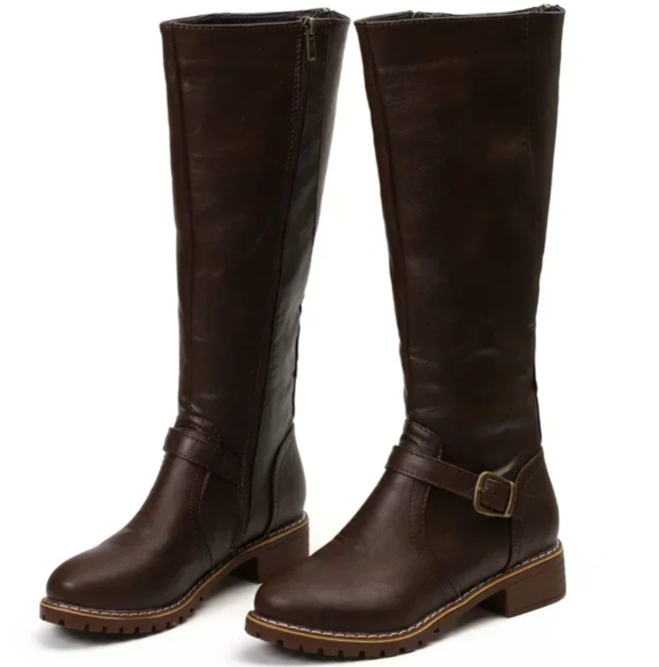 Layla | Women's Knee-High Buckle-Strap Block-Heel Leather Boots