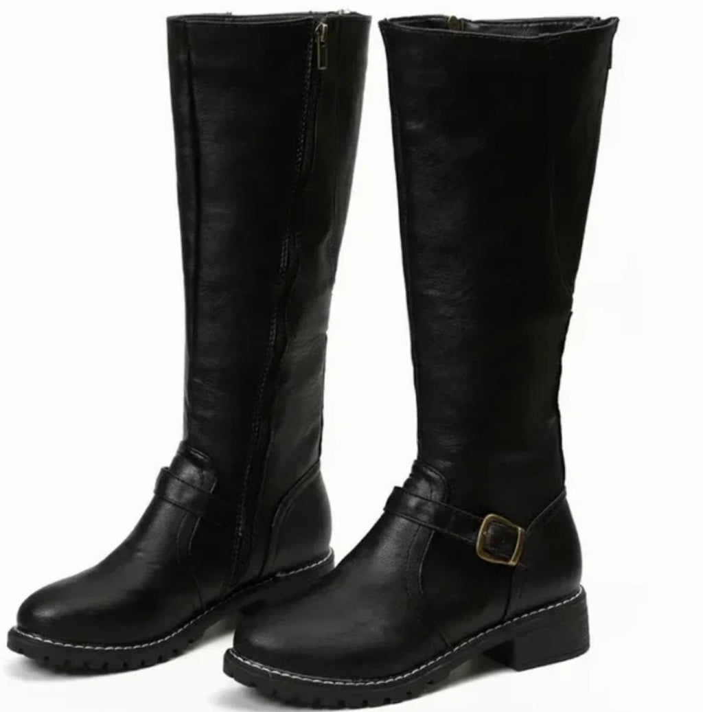 Layla | Women's Knee-High Buckle-Strap Block-Heel Leather Boots