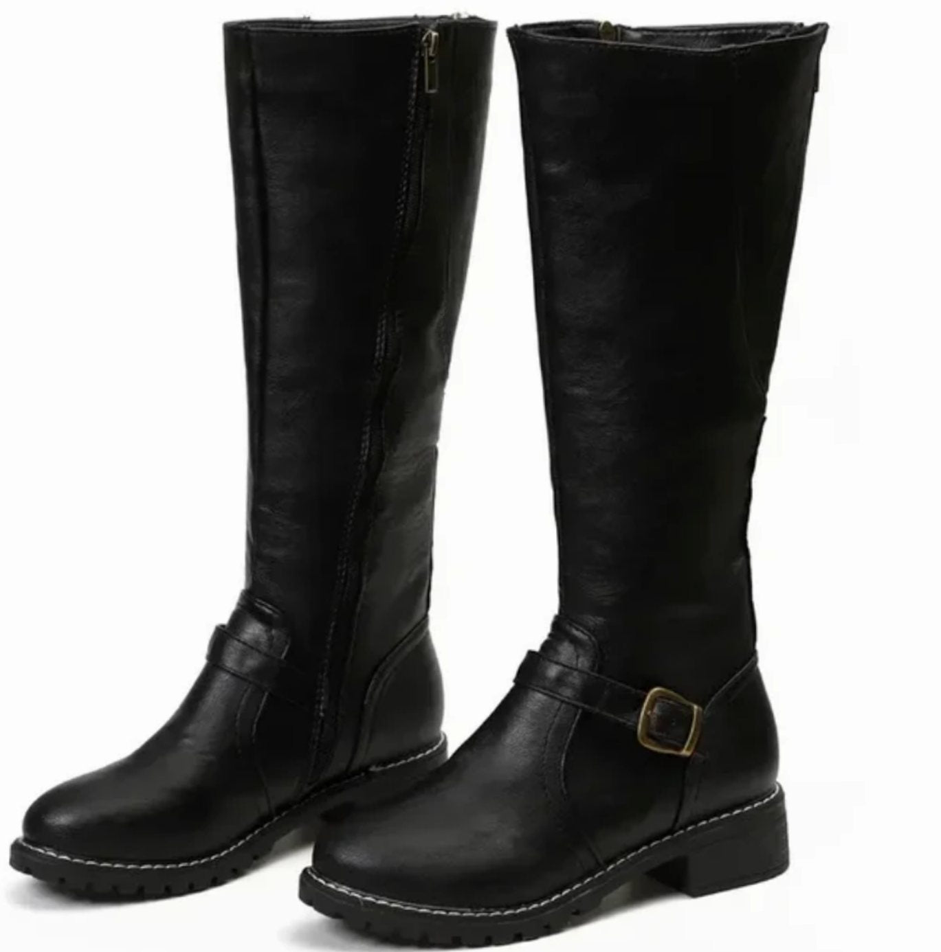 Layla | Women's Knee-High Buckle-Strap Block-Heel Leather Boots