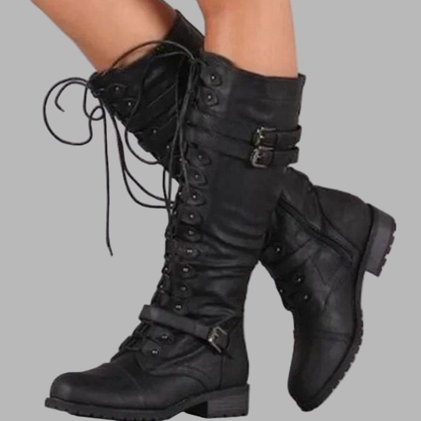 Victoria | Women's Knee-High Lace-Up Buckle Combat Boots