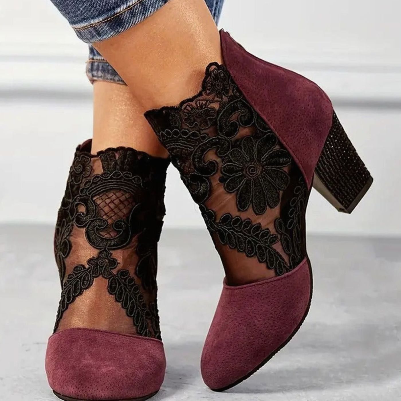Charlotte | Women's Lace Embroidered Block-Heel Ankle Boots Heels