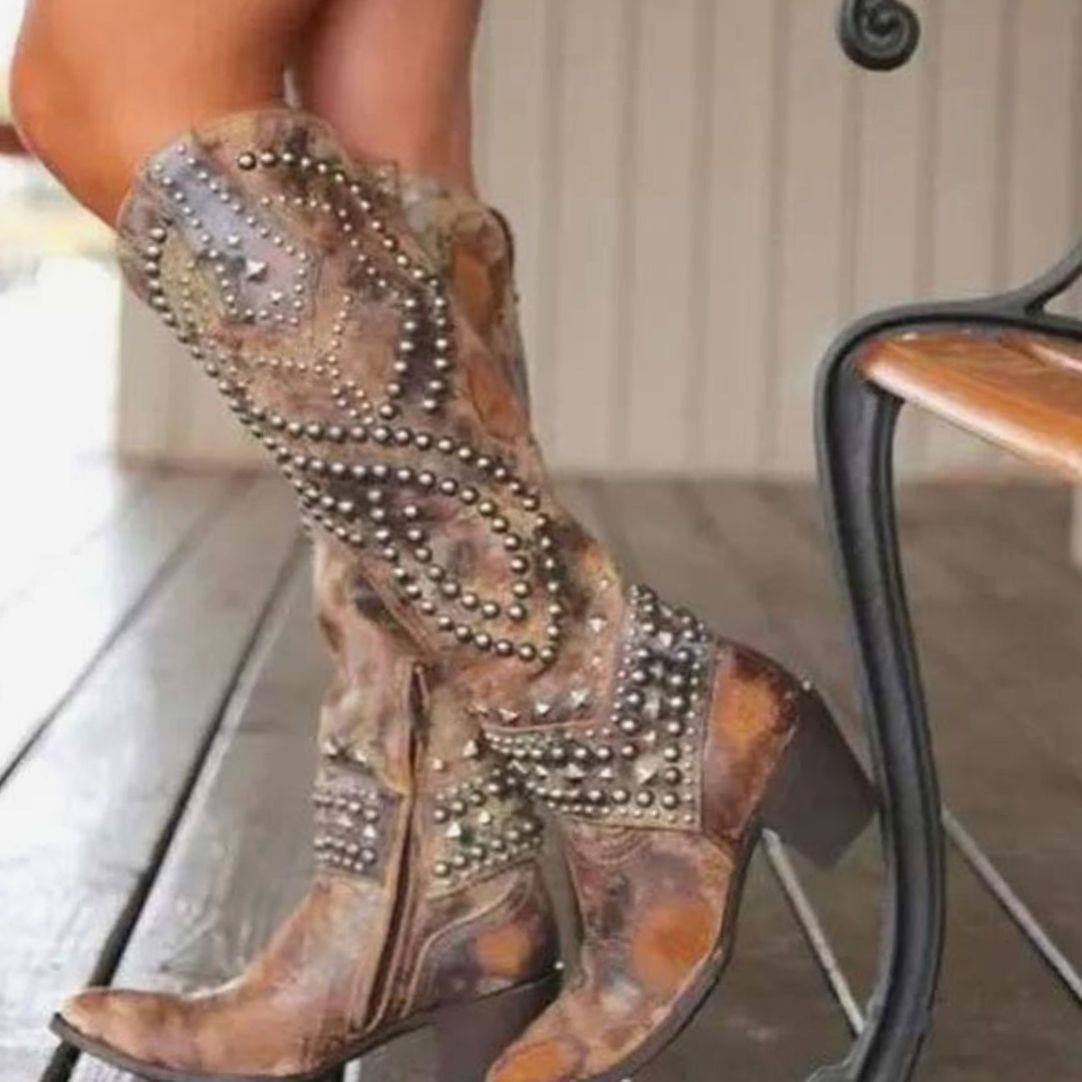 Penelope | Women's Studded Chunky Heel Western Cowboy Boots