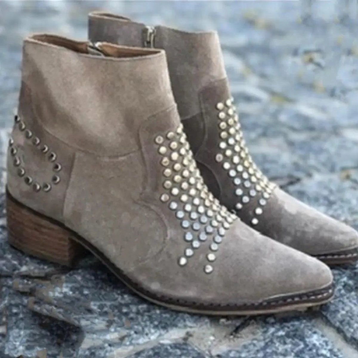 Evelyn | Women's Studded Suede Side-Zip Block-Heel Ankle Boots