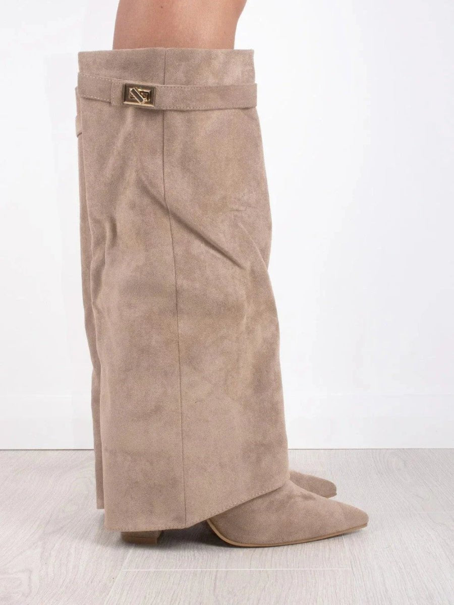 Amelia | Women's Suede Fold-Over Knee-High Boots Gold Clasp
