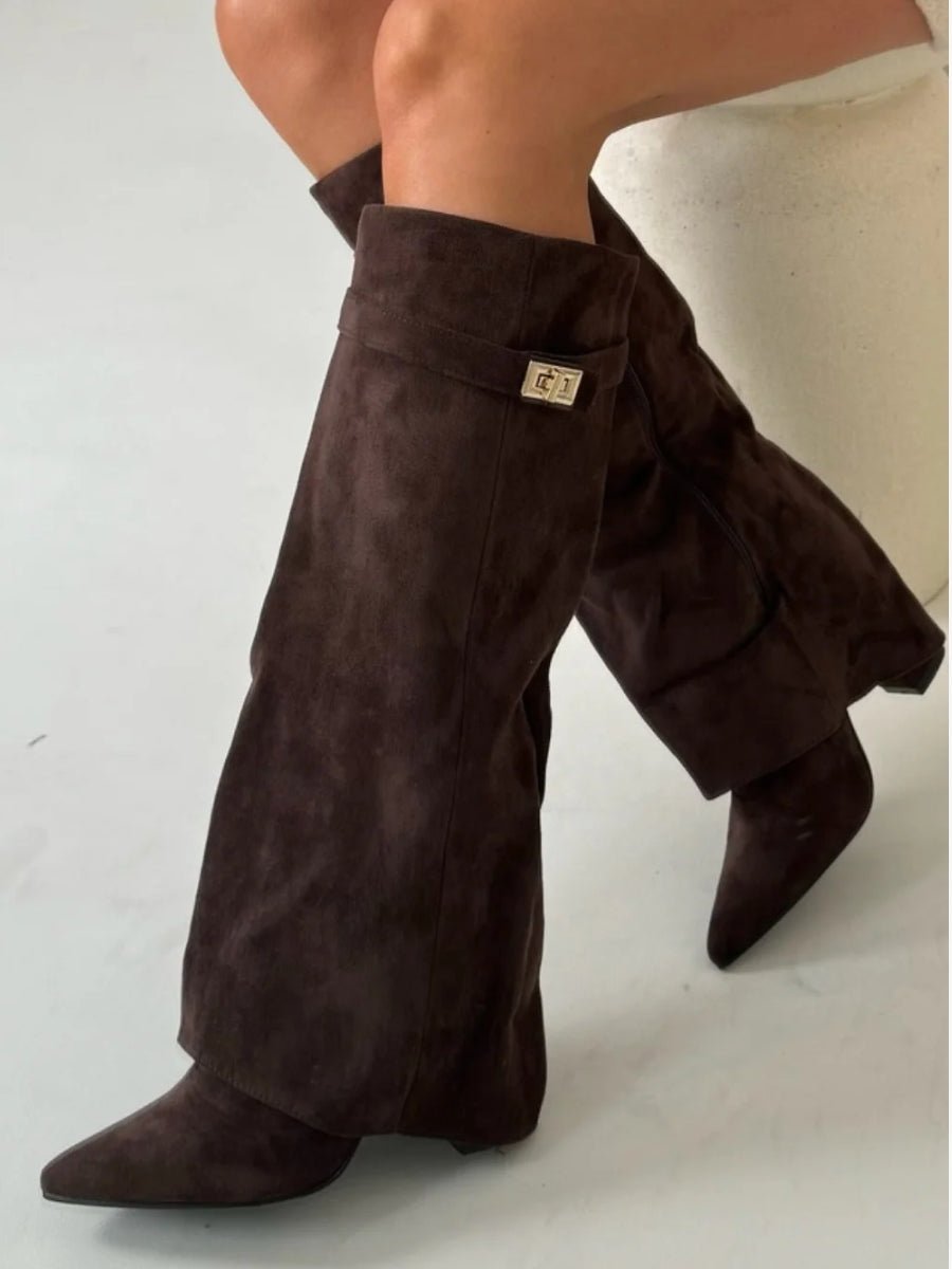 Amelia | Women's Suede Fold-Over Knee-High Boots Gold Clasp