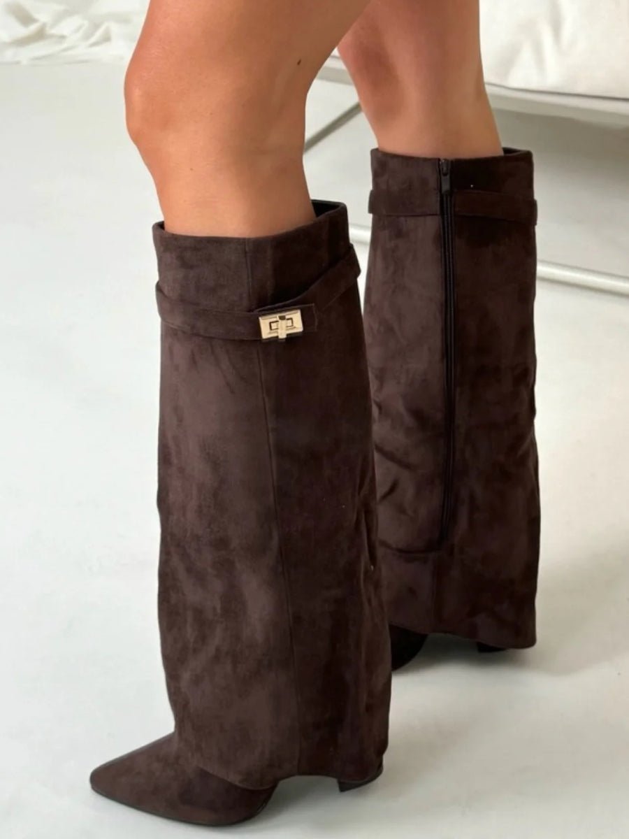 Amelia | Women's Suede Fold-Over Knee-High Boots Gold Clasp