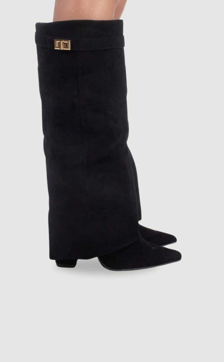 Amelia | Women's Suede Fold-Over Knee-High Boots Gold Clasp