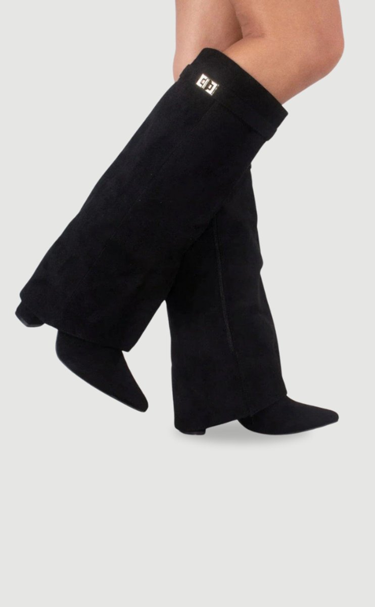 Amelia | Women's Suede Fold-Over Knee-High Boots Gold Clasp
