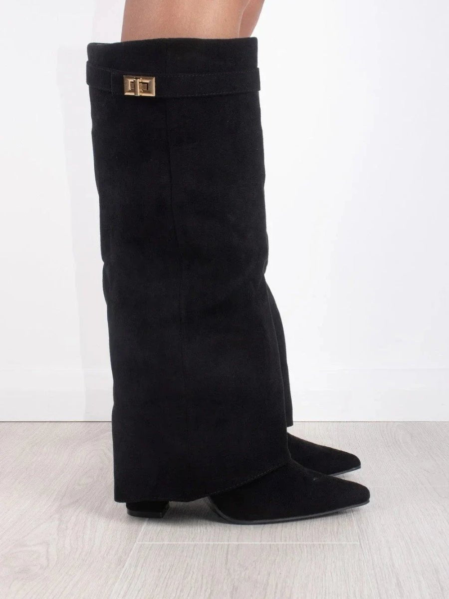Amelia | Women's Suede Fold-Over Knee-High Boots Gold Clasp