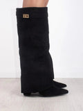 Amelia | Women's Suede Fold-Over Knee-High Boots Gold Clasp