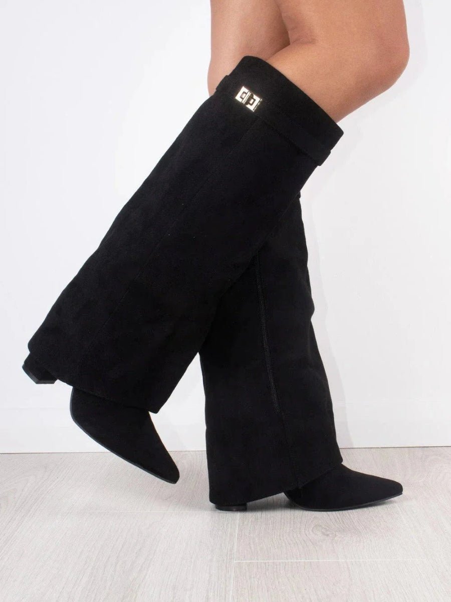 Amelia | Women's Suede Fold-Over Knee-High Boots Gold Clasp