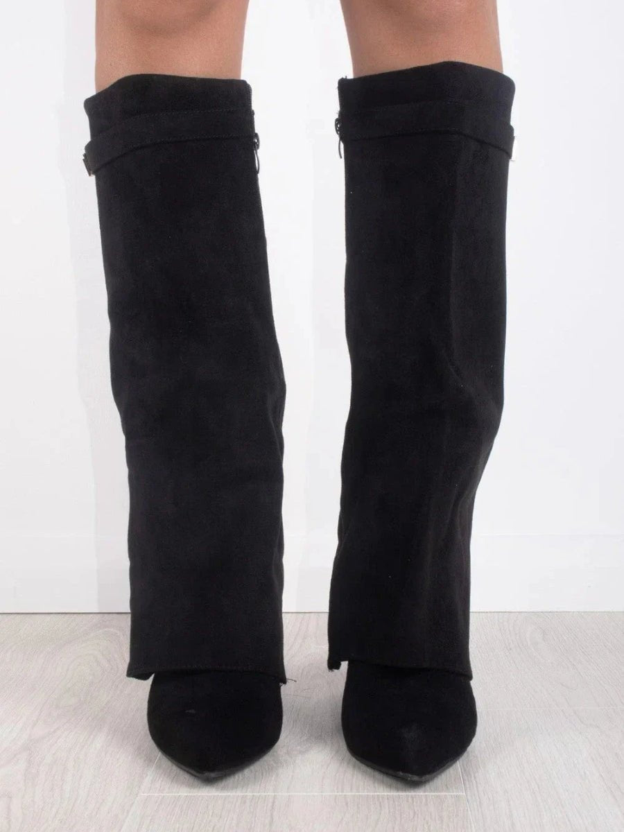 Amelia | Women's Suede Fold-Over Knee-High Boots Gold Clasp
