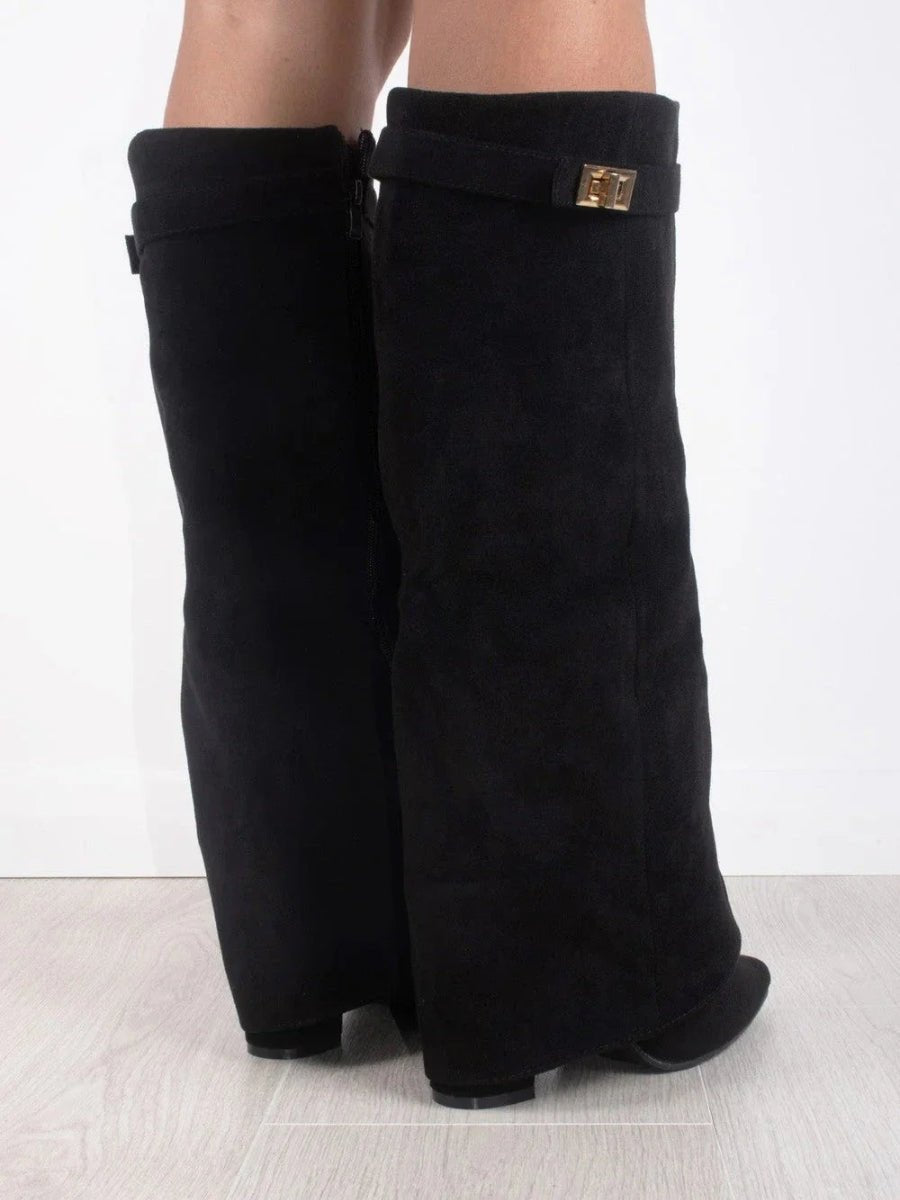 Amelia | Women's Suede Fold-Over Knee-High Boots Gold Clasp