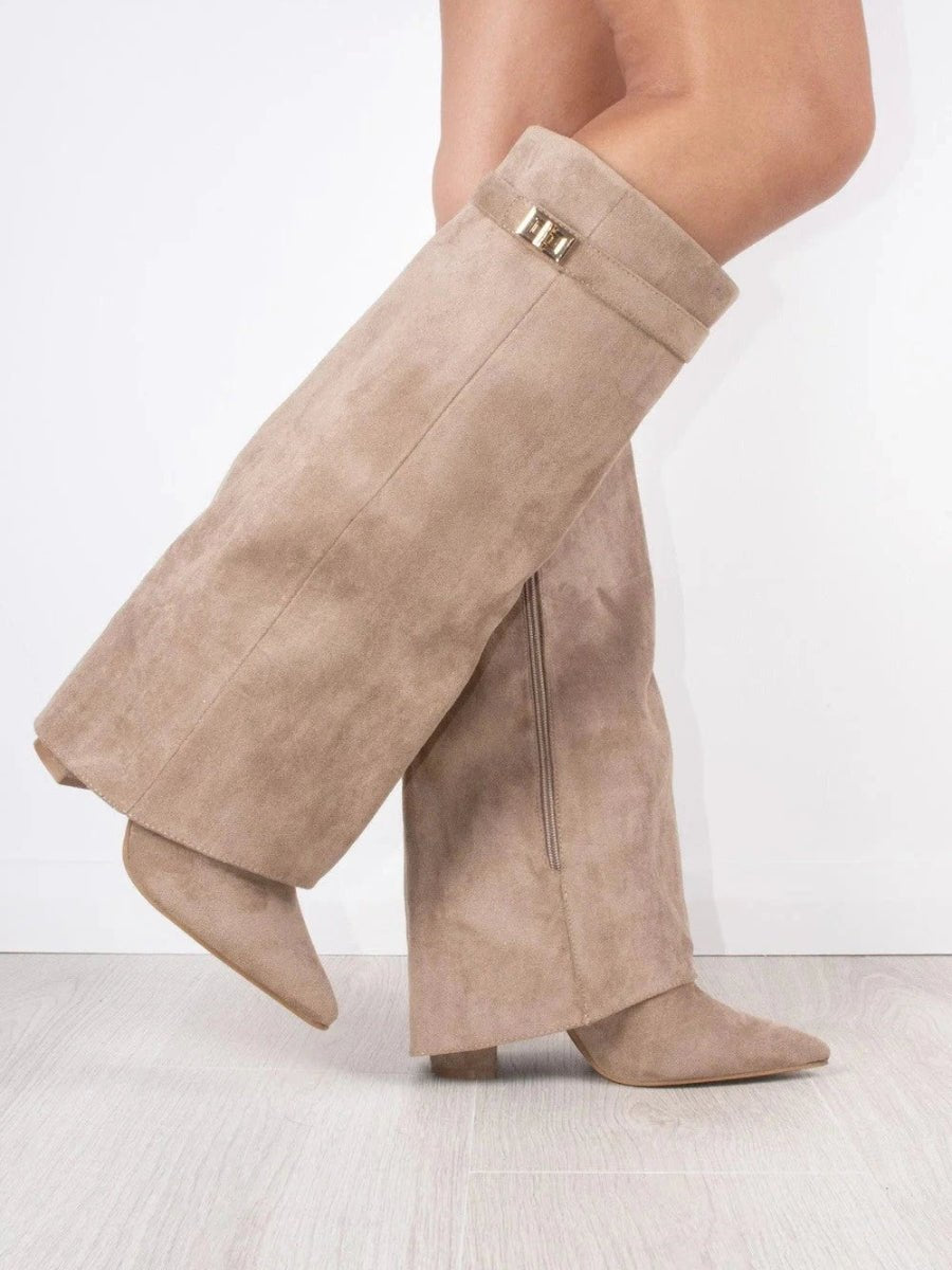 Amelia | Women's Suede Fold-Over Knee-High Boots Gold Clasp