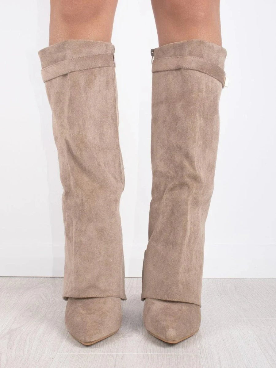 Amelia | Women's Suede Fold-Over Knee-High Boots Gold Clasp