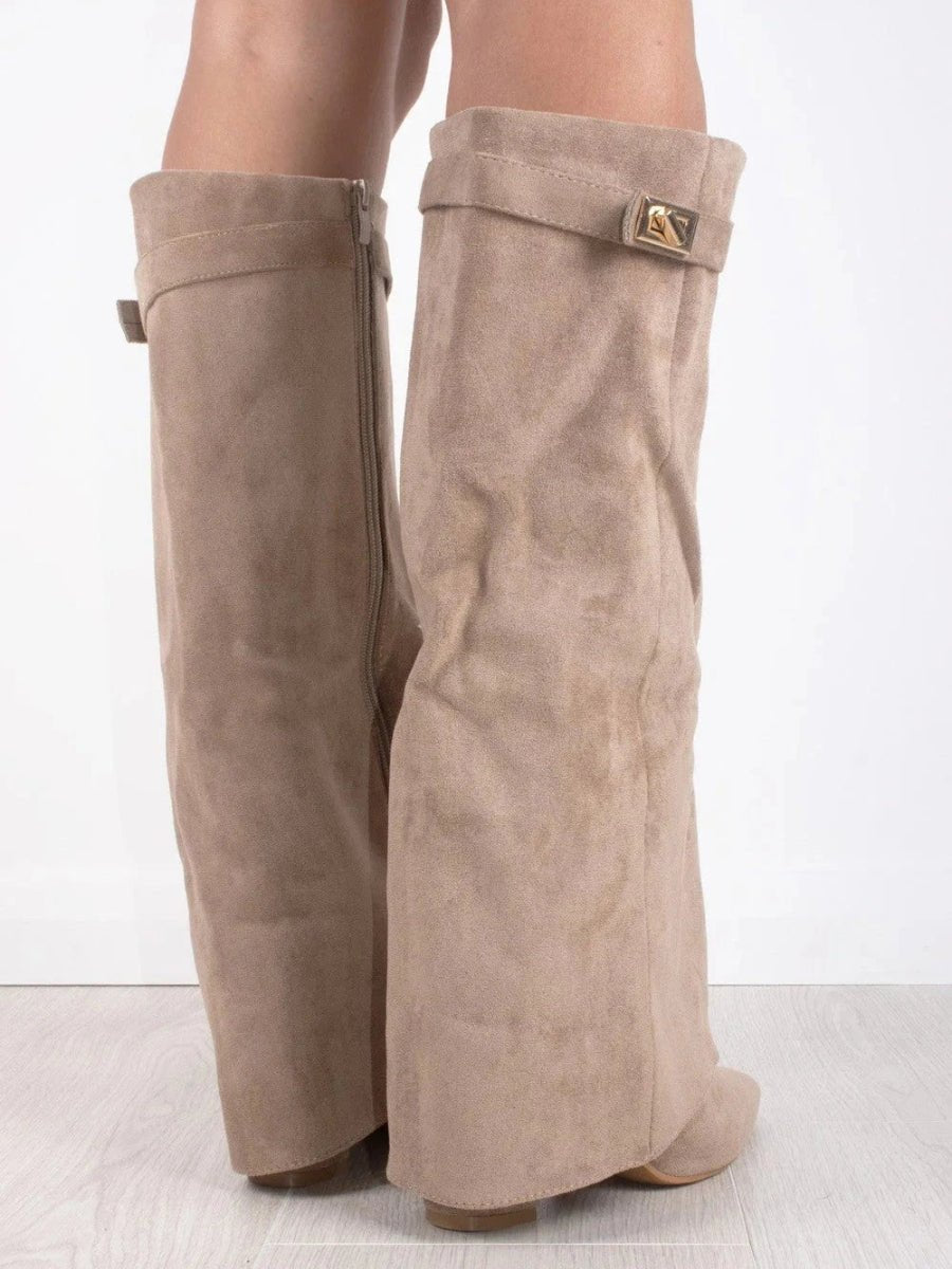 Amelia | Women's Suede Fold-Over Knee-High Boots Gold Clasp