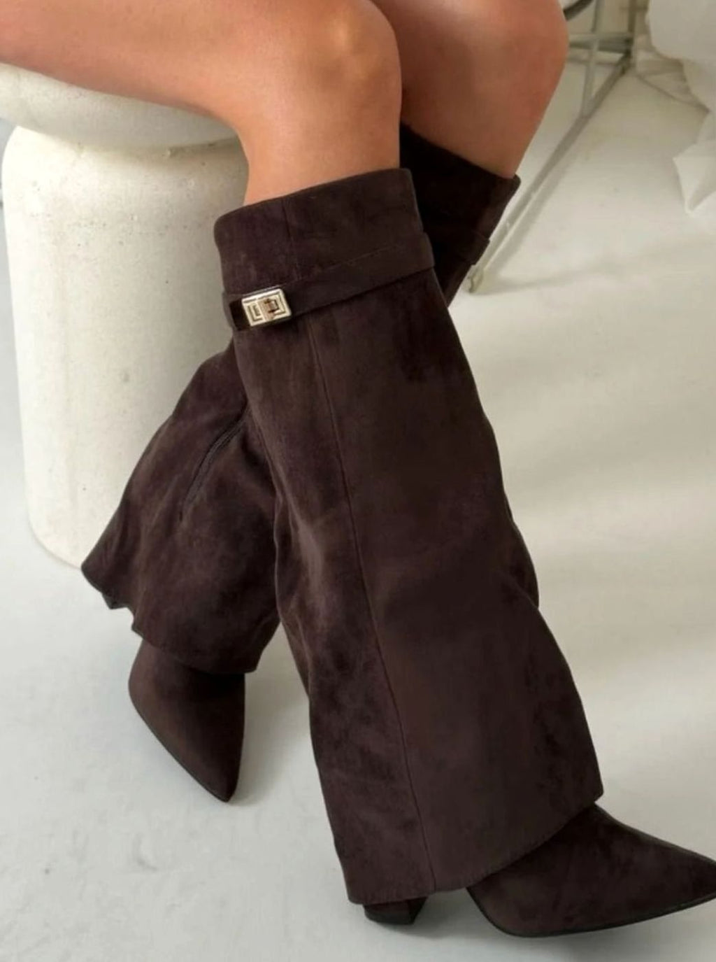 Aria | Women's Suede Knee-High Fold-Over Buckle Thigh-High Boots