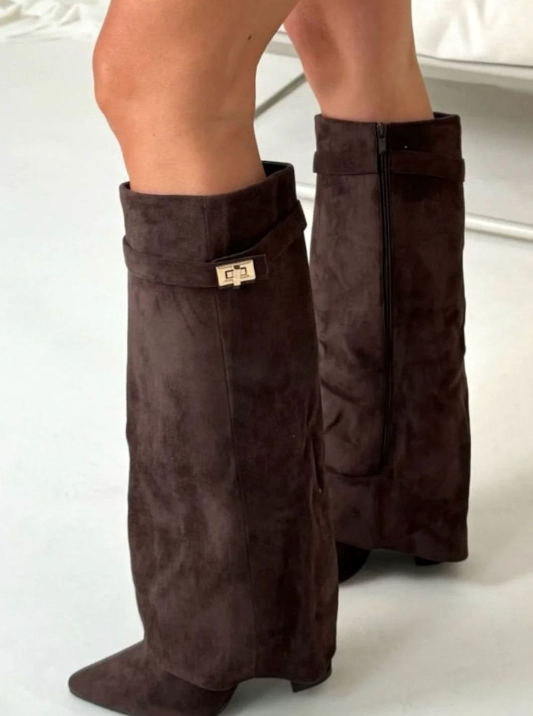 Aria | Women's Suede Knee-High Fold-Over Buckle Thigh-High Boots