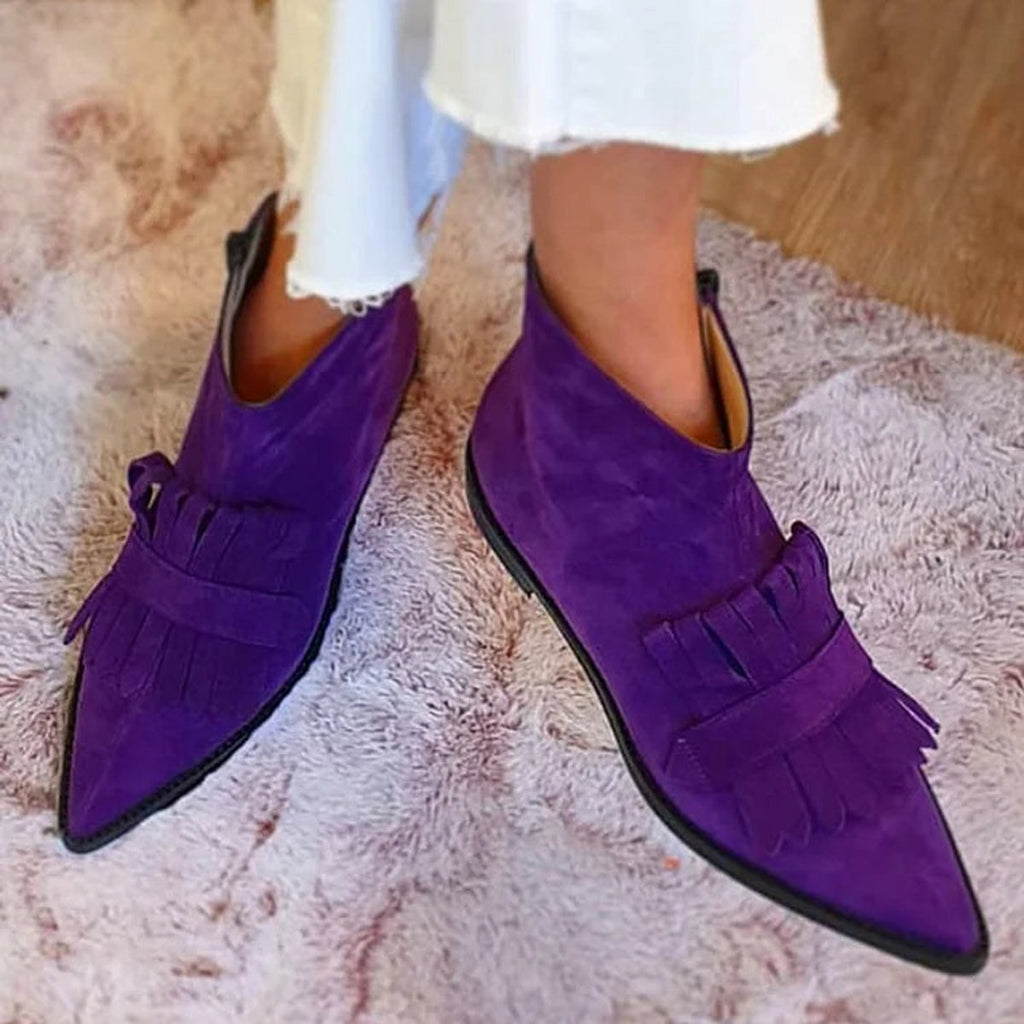 Penelope | Women's Suede Pointed-Toe Fringe Flat Ankle Boots
