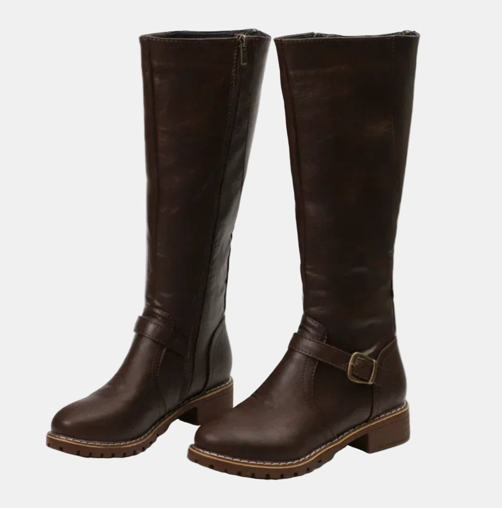 Charlotte | Women's Tall Riding Knee High Boots Buckle Strap Low Heel