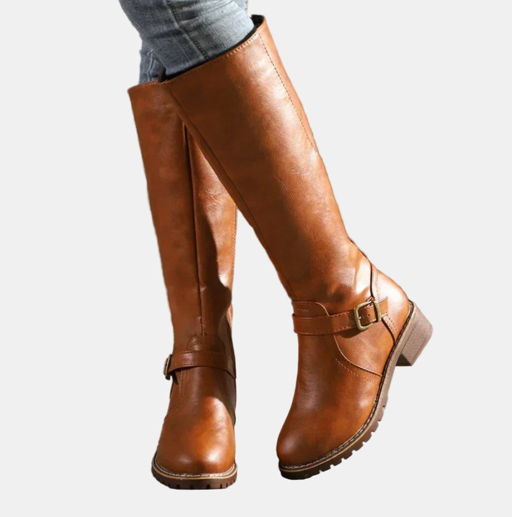 Charlotte | Women's Tall Riding Knee High Boots Buckle Strap Low Heel