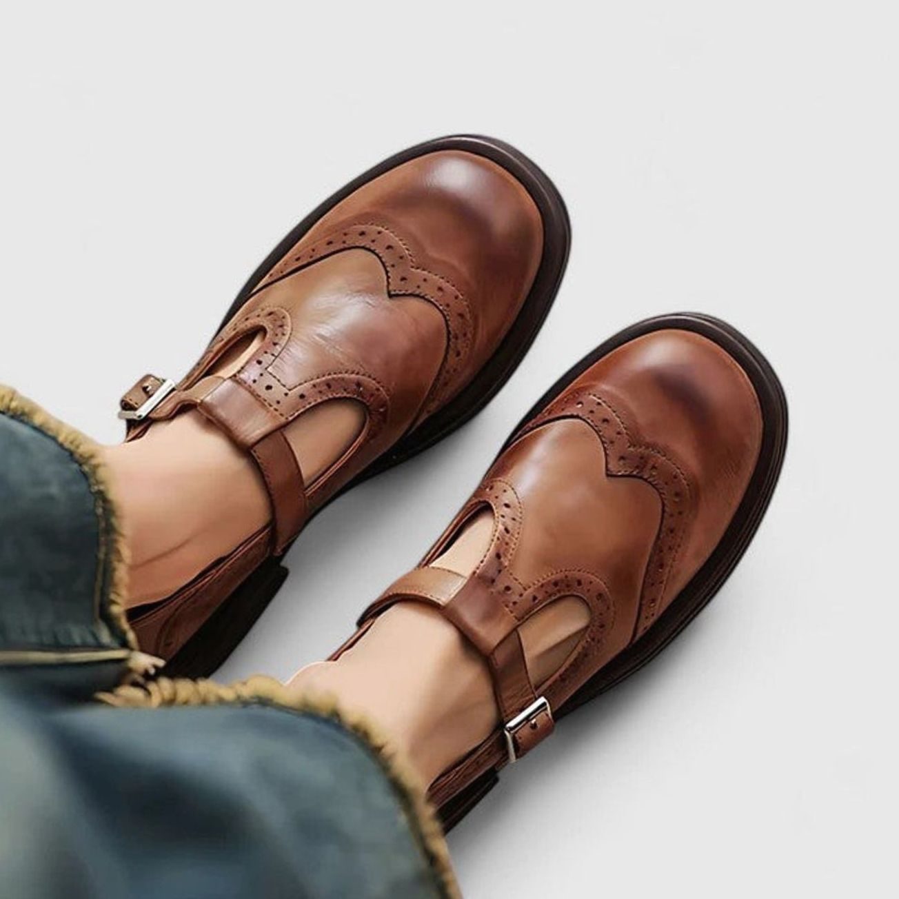 Emma | Women's Vintage Brogue Leather T-Strap Shoes Buckle Flats