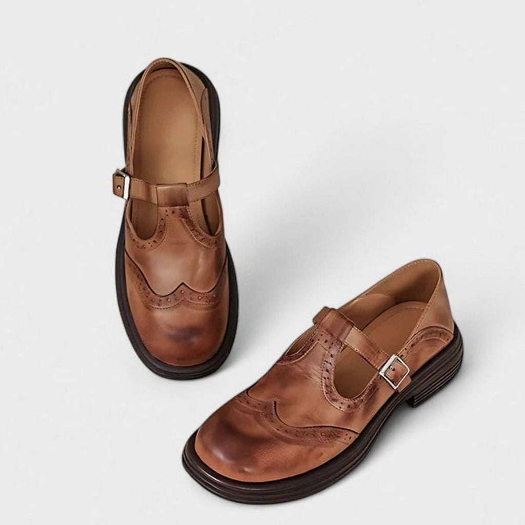 Emma | Women's Vintage Brogue Leather T-Strap Shoes Buckle Flats