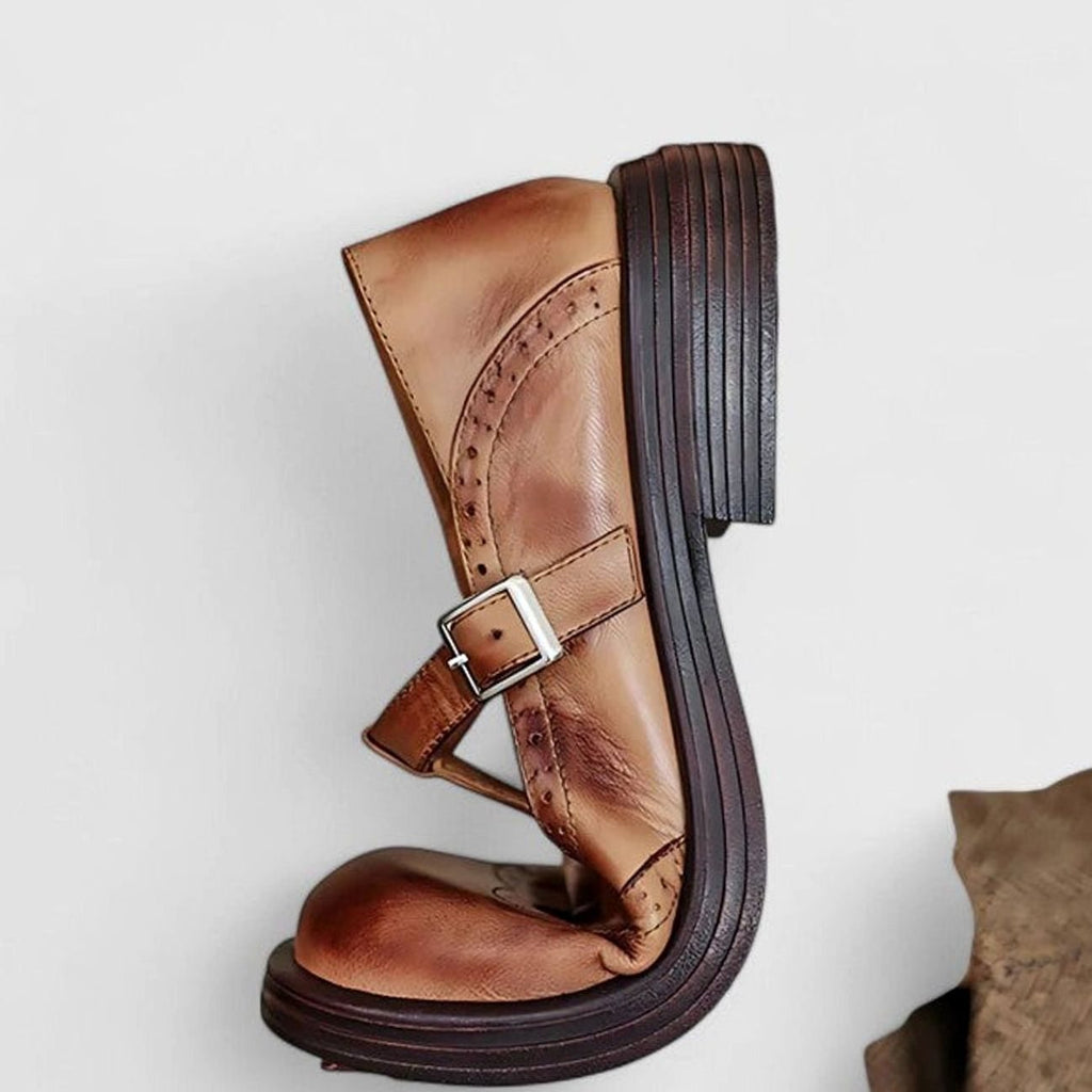 Emma | Women's Vintage Brogue Leather T-Strap Shoes Buckle Flats