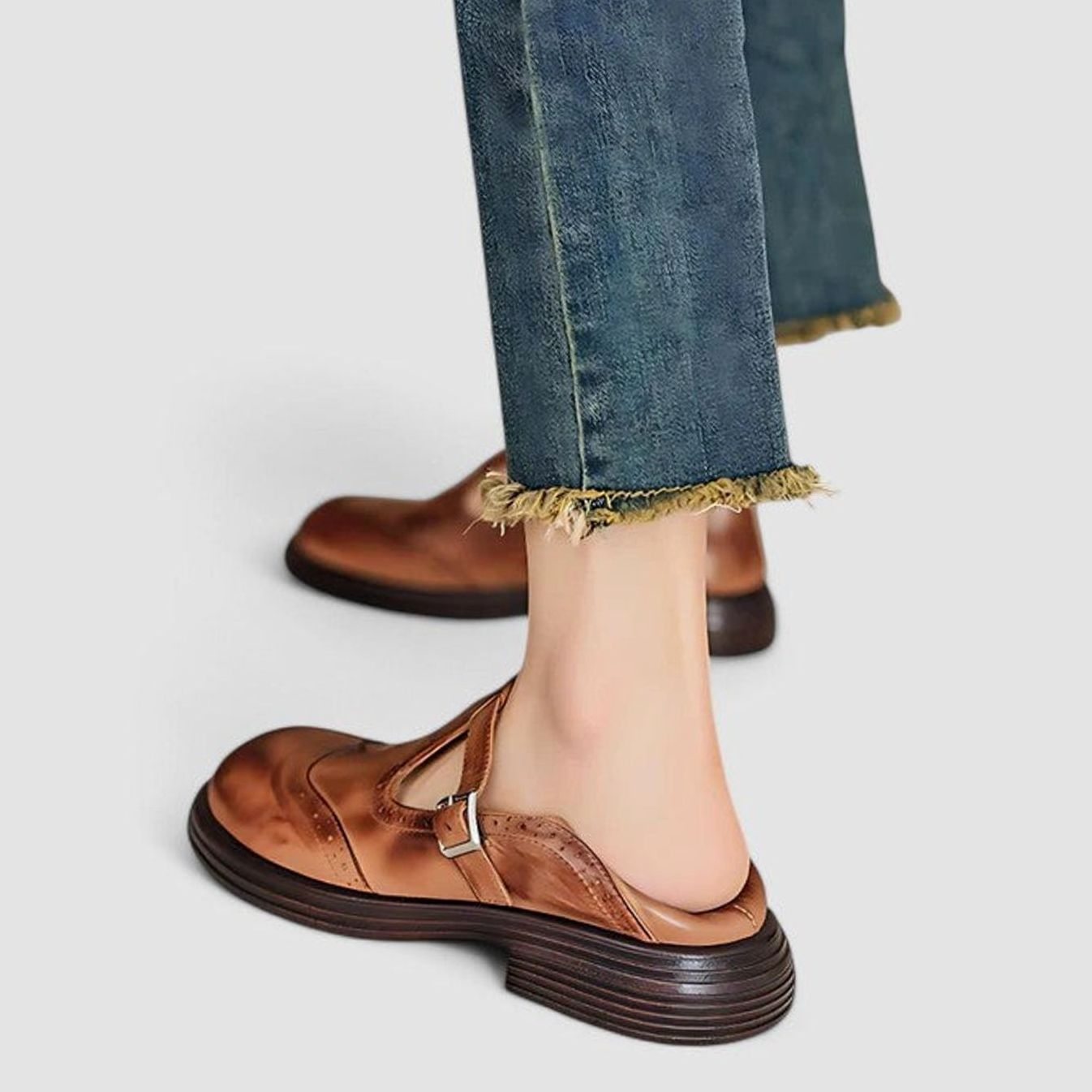 Emma | Women's Vintage Brogue Leather T-Strap Shoes Buckle Flats