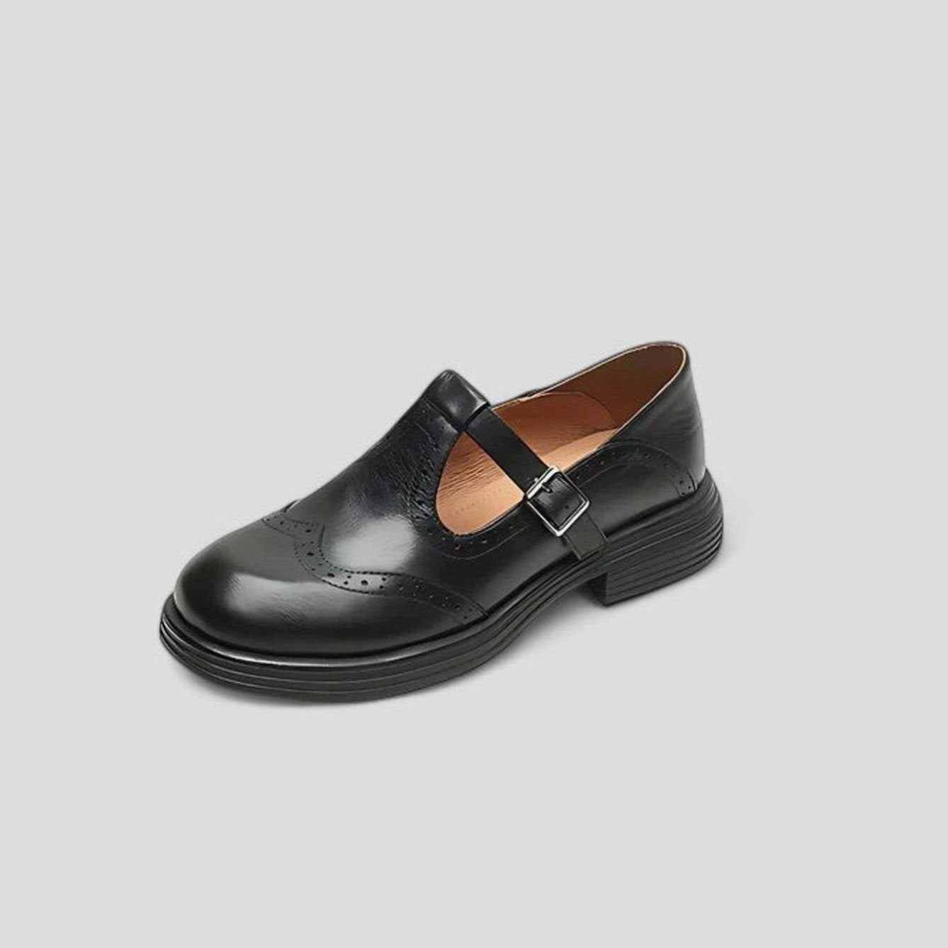 Emma | Women's Vintage Brogue Leather T-Strap Shoes Buckle Flats