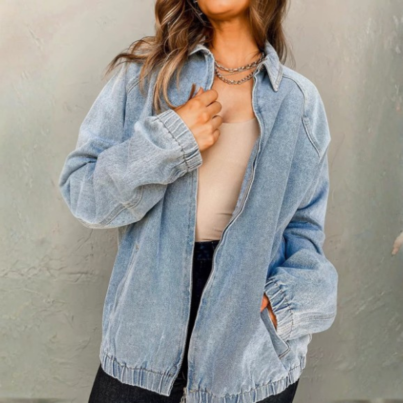 Ladies Zip-Up Denim Bomber Jacket