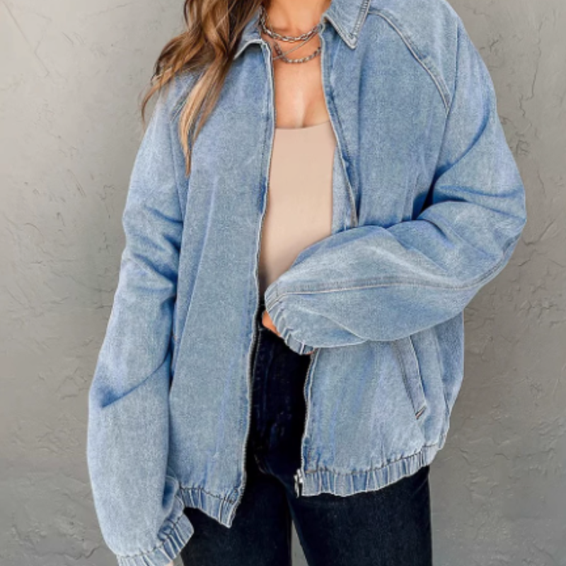 Ladies Zip-Up Denim Bomber Jacket