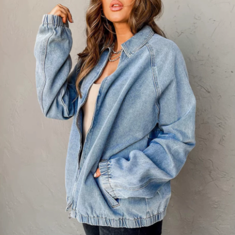 Ladies Zip-Up Denim Bomber Jacket
